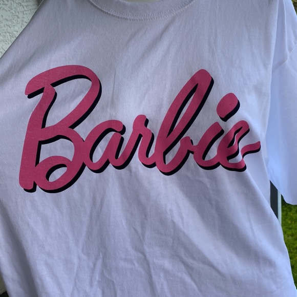 Barbie! Adorable Barbie White Tee w Pink Barbie Logo Lettering NEW Size L - Picture 3 of 4